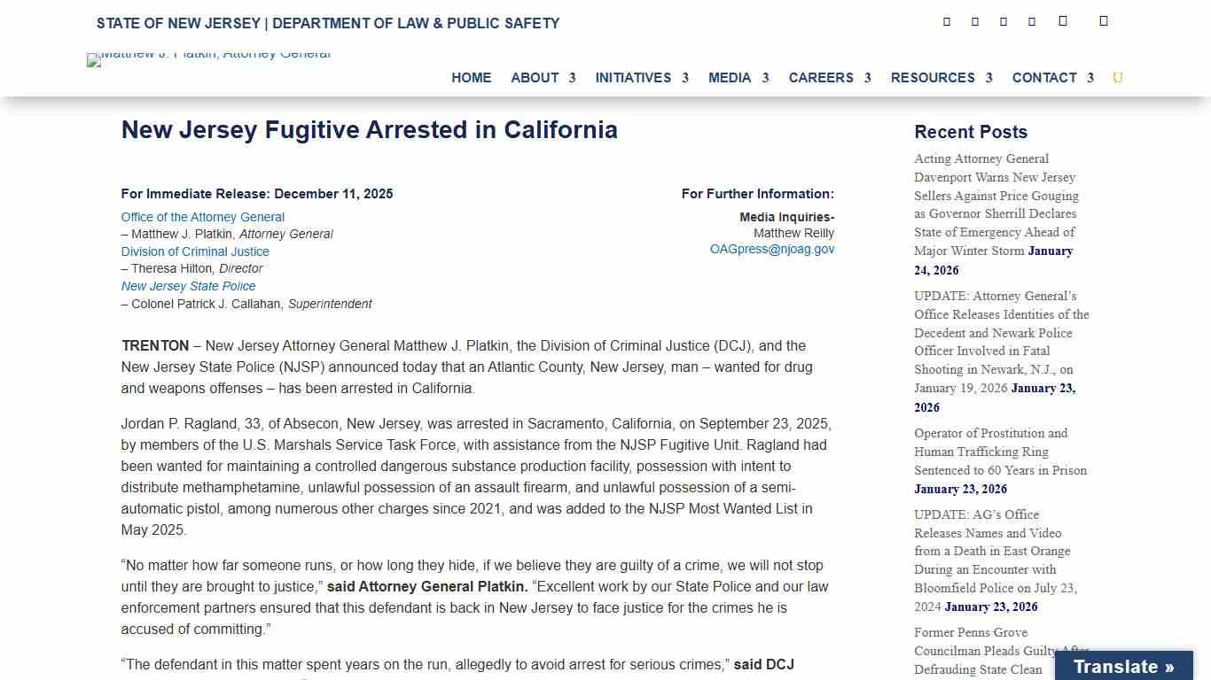 New Jersey Fugitive Arrested in California - New Jersey Office of Attorney General